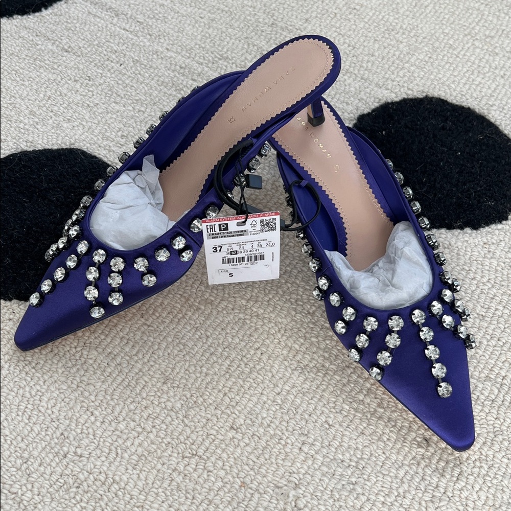 NWT Zara Purple Satin Mules with Rhinestones